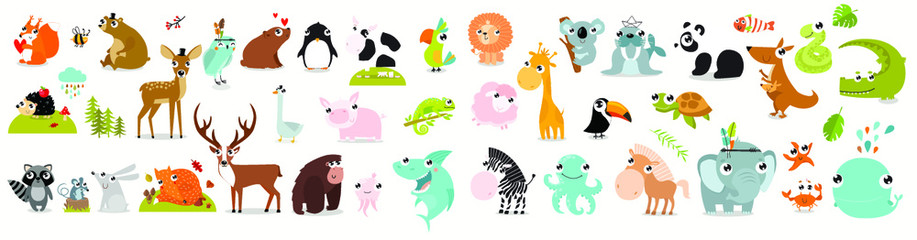 Big vector set of animals. cow, alligator, bear, panda, penguin, octopus, koala, cartoon characters, zebra, animal logo, fox, pig, deer, monkey, rabbitgiraffe, whale, forest animals. vector animals