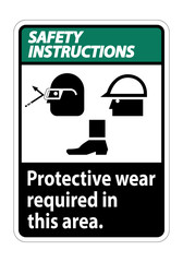 Safety Instructions Sign Protective Wear Is Required In This Area.With Goggles, Hard Hat, And Boots Symbols on white background