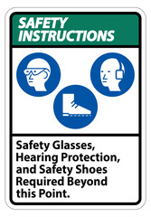 Safety Instructions Sign Safety Glasses, Hearing Protection, And Safety Shoes Required Beyond This Point on white background