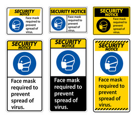Security Notice Face mask required to prevent spread of virus sign on white background