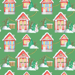 Obraz na płótnie Canvas Watercolor Christmas winter houses Seamless pattern. House with wooden door, luminous windows, snow on the roof. Bright colors background for Card, scrapbook paper, fabric design texture