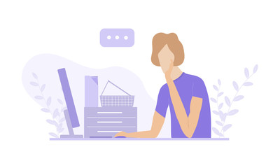 Business man texting and working on computer at office. Creative vector design for business concept.