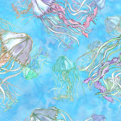 Fototapeta na wymiar Watercolor hand drawn artistic colorful undersea ocean beach life nautical seamless color pattern