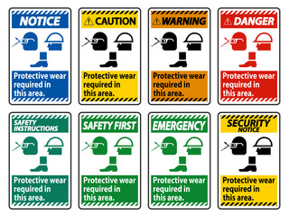 Protective Wear Is Required In This Area.With Goggles, Hard Hat, And Boots Symbols on white background