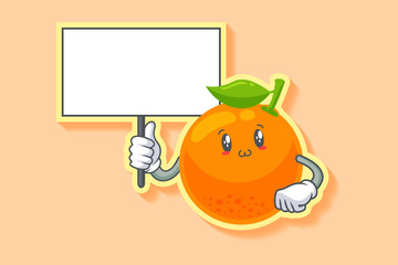 SMILING, HAPPY, UWU Face Emotion. Holding Whiteboard Gesture. Orange, Citrus Fruit Cartoon Drawing Mascot Illustration.