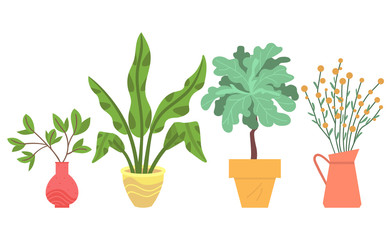 Obraz premium Flowers in vases, floral decor for home flat style flourishing on branches, plant with frondage, tender and elegant design, container interior. Isolated flowerpot with blooming plant . Vector in flat