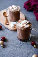 Hot chocolate with marshmallows. The concept of cosy holidays and New Year. Winter time. Holiday concept.