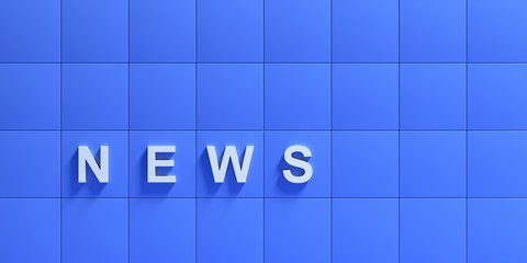 News text on blue color tiled wall background 3d illustration.