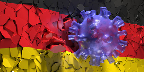 Coronavirus Covid 19 breaking German flag wall. 3d illustration