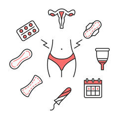 Circle banner with menstruation line flat icon. Can be used to illustrate feminine hygiene and health. Periods symbol red color