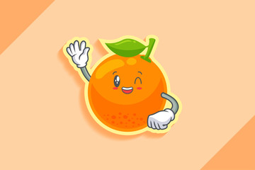 GRINNING WINK, HAPPY, CHEERFUL Face Emotion. Waving Hand Gesture. Orange, Citrus Fruit Cartoon Drawing Mascot Illustration.