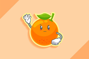 REALLY, ATTENTIVE, CURIOS Face Emotion. Waving Hand Gesture. Orange, Citrus Fruit Cartoon Drawing Mascot Illustration.