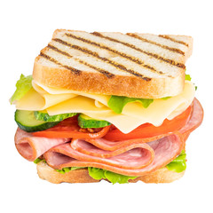 Sandwich with ham, cheese, tomato, lettuce and toasted bread isolated on a white background