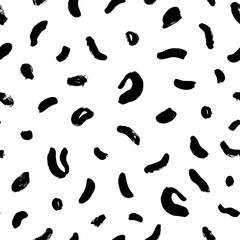 Geometric vector seamless pattern in Memphis style. Grunge brush stroke shapes, circles and short lines. Polka dot pattern. Hand drawn ink illustration. Hipster black paint geometric background. 