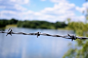 barbed wire against blue water