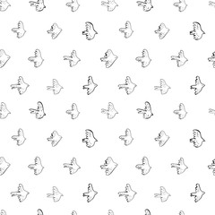 Seamless vector doodle pattern with black birds. Japanese abstract motif hand painted by brush. Monochrome flying birds, sparrows, swallows, crowns and seagulls. Line drawn sketch.