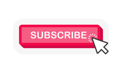 Button with subscribe button for concept design. Logo element. Like icon. Subscribe. Arrow, cursor icon. Flat vector. Click arrow. Live. Hand like. Vector illustration.