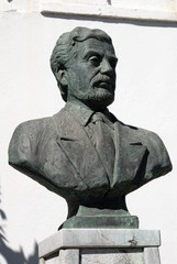 Greece, Symi island, statue of the Greek politician Georgios Gennimatas at the port of Symi town,...