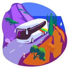 А plot from summer vacation. Tourist bus on the mountain trail. Against the backdrop of the seascape - 372257725
