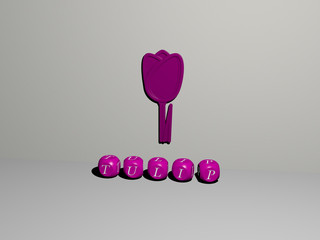 tulip 3D icon on the wall and text of cubic alphabets on the floor, 3D illustration for background and flower