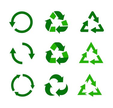 Set of triangular and round green vector recycle icons or signs or symbols.