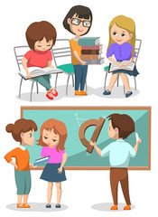 Classmates on lessons vector, boys and girls helping each others. Kid with pile of books reading textbooks, male drawing on geometry lesson, back to school concept. Flat cartoon