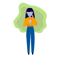 Vector illustration of a girl. A young girl stands in a medical mask and sprays antiseptic on her hand. Hand disinfection with gel and alcohol