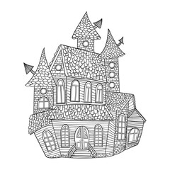 House in gothic style drawn in black outline isolated on white background, stock vector illustration for design and decoration. Halloween, sticker, template. Coloring Book