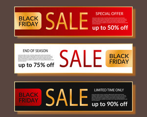 Black Friday Sale Horizontal Banner set. Luxury design with gold, red and black color. Poster with place for text. Social media template for website and mobile website development. Lux business promo