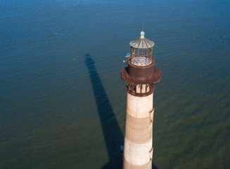 Close up aerial view of the Morris Island Lighthouse near Charleston, South Carolina.