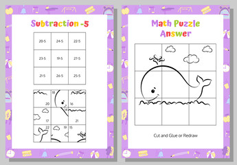 Subtraction Math Puzzle Worksheet. Educational Game. Mathematical Game. 