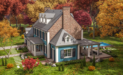 Fototapeta na wymiar 3d rendering of modern cozy classic house in colonial style with garage and pool for sale or rent with beautiful landscaping on background. Clear sunny autumn day with golden leaves anywhere.