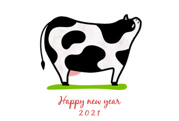 2021年　年賀状　水彩の牛のイラスト happy new year 
