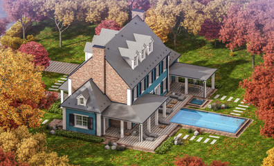 3d rendering of modern cozy classic house in colonial style with garage and pool for sale or rent with beautiful landscaping on background. Clear sunny autumn day with golden leaves anywhere.