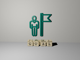 GOAL 3D icon on the wall and cubic letters on the floor, 3D illustration for business and concept