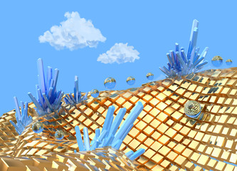 Field of Golden cubes in space with blue precious crystals with clouds and skies. 3d illustration abstract landscape