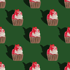 Seamless pattern big cupcakes silhouettes, muffin sweet white cake and red on top painted with gouache on green.Texture with sweets for desktop wallpaper or culinary blog website. junk food concept.