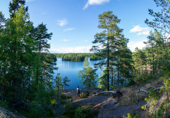 Summer lake scene at hiking trail in Teijo national park, Salo, Finland. Trees and the Matildajarvi...