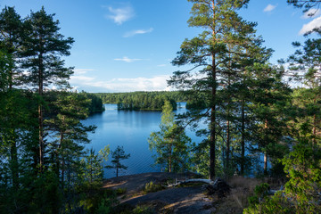 Summer lake scene at hiking trail in Teijo national park, Salo, Finland. Trees and the Matildajarvi lake.