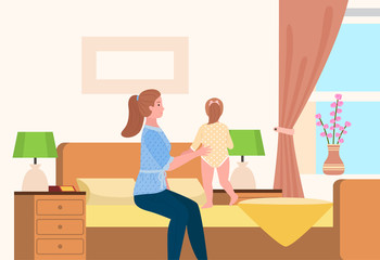 Young woman with a daughter sitting on couch at home. Small girl walks on the bed in living room interior. Mother on maternity leave caring for a child, playing teaches a child to walk. Happy family