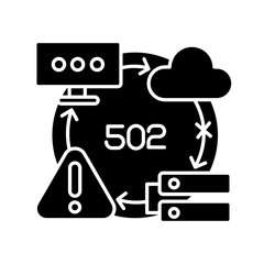 Bad gateway notification black glyph icon. Website access failure. HTTP status code, 502 error message silhouette symbol on white space. Invalid proxy server response. Vector isolated illustration