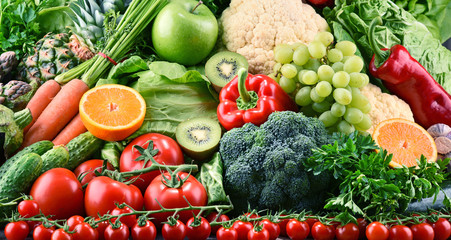 Assorted raw organic vegetables and fruits