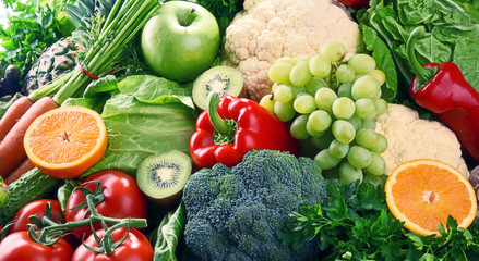 Assorted raw organic vegetables and fruits