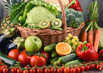 Assorted raw organic vegetables and fruits