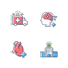 Obraz na płótnie Canvas Urgent health care RGB color icons set. Cardiology consultant. Ambulance. Neurological surgery. Urgent care. Walk in clinic. Emergency. Hospital department. Isolated vector illustrations