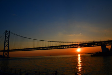 橋, 夕焼け, 水, 海, 太陽, 明石海峡大橋