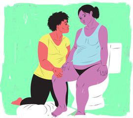 Illustration of a doula assisting a woman in labor on the toilet