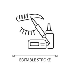 Microblading linear icon. Brows shaping and grooming. Eyebrows tattooing. Semi permanent makeup. Thin line customizable illustration. Contour symbol. Vector isolated outline drawing. Editable stroke