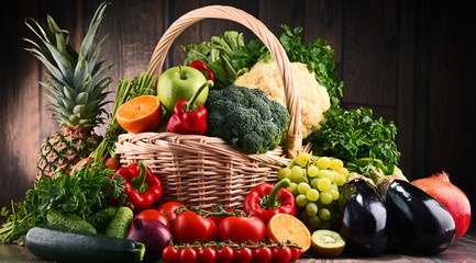 Assorted raw organic vegetables and fruits