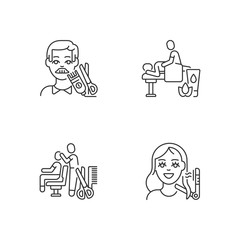 Hair and body care linear icons set. Men haircutting. Women hairstyling. Massage therapy. Hairdresser service. Customizable thin line contour symbols. Isolated vector outline illustrations